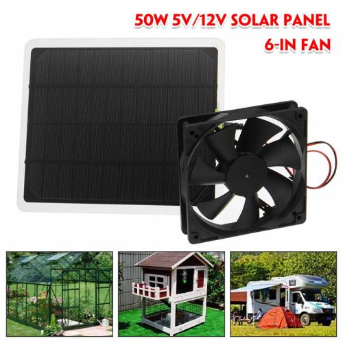Ventilator alimentat cu panou solar de 50W 12V - mini ventilator de 6 inchi - ventilator solar de evacuare pentru caini - casa de pui - sera - RV -...
