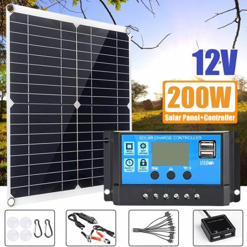 Kit panou solar 200W Panou solar portabil 12V cu 100A cu iesiri USB duble Controler solar pentru RV masina - barca - calatorii in aer liber