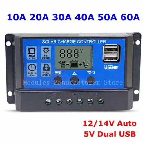 10A 20A 30A 40A 50A 60A Regulator de incarcare solara automata PWM 12V 24V cu LCD dubla iesire USB 5V Regulator de panou cu celule solare PV acasa