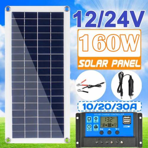 160W Panou solar 12V Policristalin cu controler Alimentare USB Portabil Ciclism in aer liber Tabara Drumetii Calatorii Incarcator solar pentru...