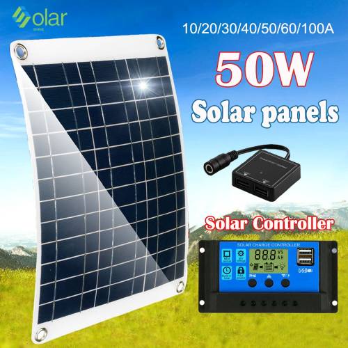 Kit panou solar 50W Incarcator portabil pentru baterie Controler solar 10A-100A Celule panou solar pentru iaht auto RV Incarcator baterie 12V/5V