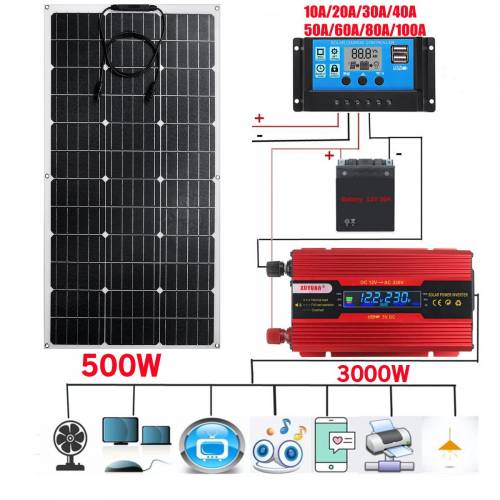 Kit sistem de energie solara de 3000 W Incarcator de baterii Panou solar de 1000 W Controller de incarcare 100 A Generare completa de energie Retea...
