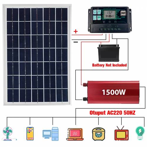 Panou solar 30W Sistem de energie solara 220V PET 12V Incarcator baterie 1500W Invertor Kit USB Controler complet Retea de acasa Telefon de tabara
