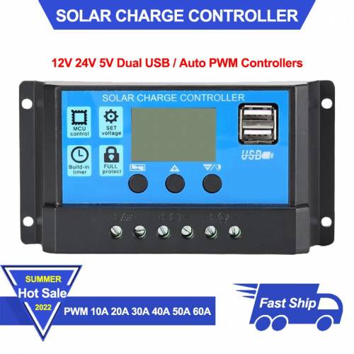 Controler incarcator solar 12V 24V Controlere PWM automate 60A 50A 40A 30A 20A 10A Afisaj LCD 5V Controler de iesire USB dublu